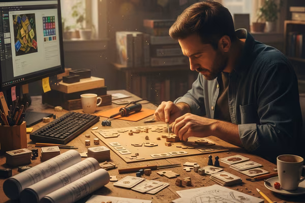 Brettspiel-Designer in seiner Werkstatt